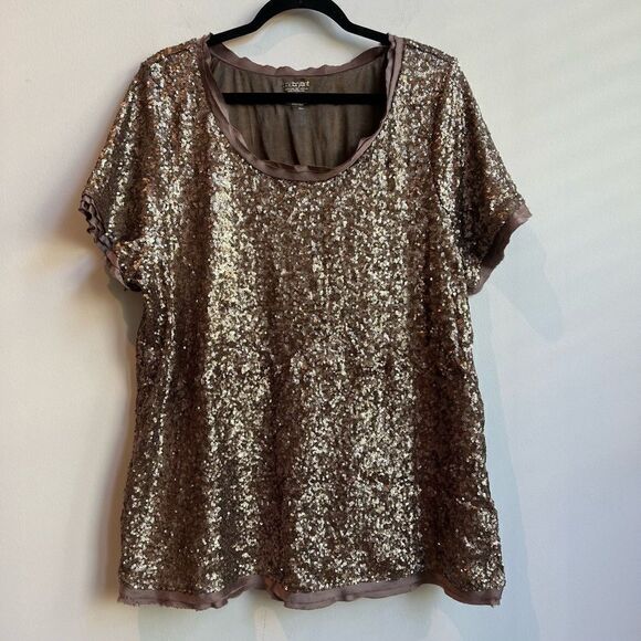 Lane Bryant New Year’s Eve Brown Sequined Short Sleeve Blouse - 22/24 - Picture 1 of 8